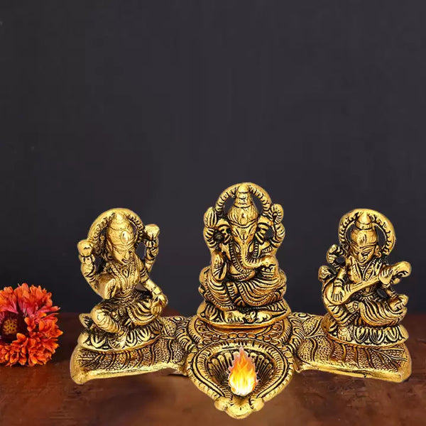 Metal Antique Ganesh Laxmi Saraswati Murti Decorative Platter with Diya