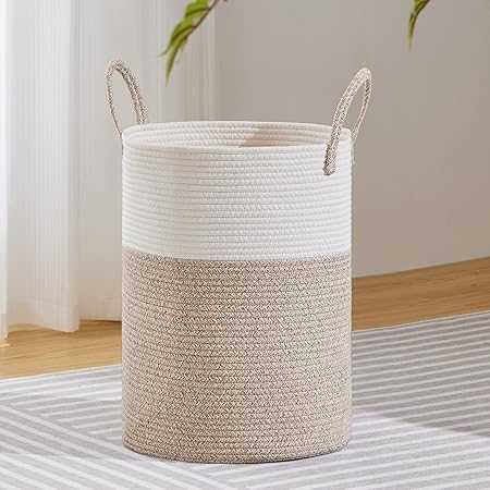 Large Cotton Rope Laundry Basket with Handle 58L (38cm(D) x50cm(H), White & Brown)