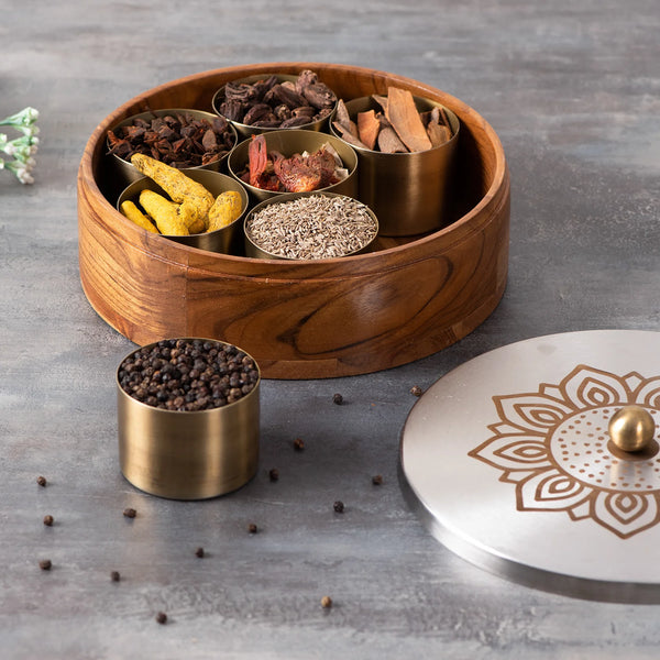 Inscribe Acacia Wood Masala Box - Floral Silver